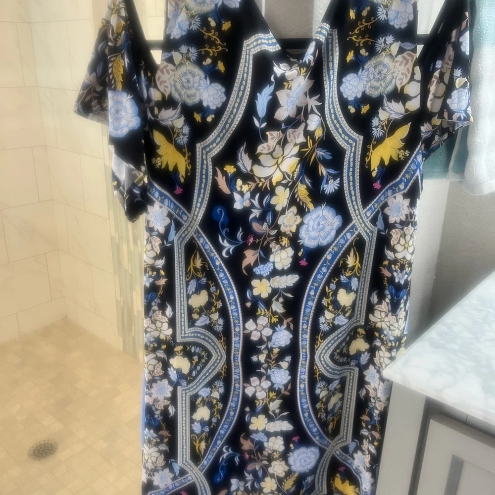 JM Collection Black and Blue Floral Midi Dress - Picture 3 of 3
